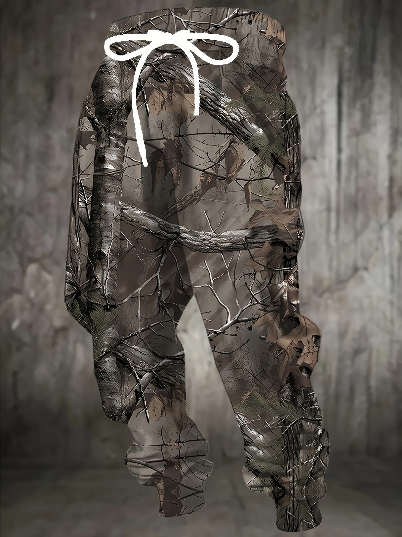 [3D Camo Hunting Pants] Polyester Blend Men's 3D Camo Hunting Pants with Drawstring & Pockets | Stylish Jogger Sweatpants, All-Over Print, Casual Outdoor Wear for Hiking & Hunting