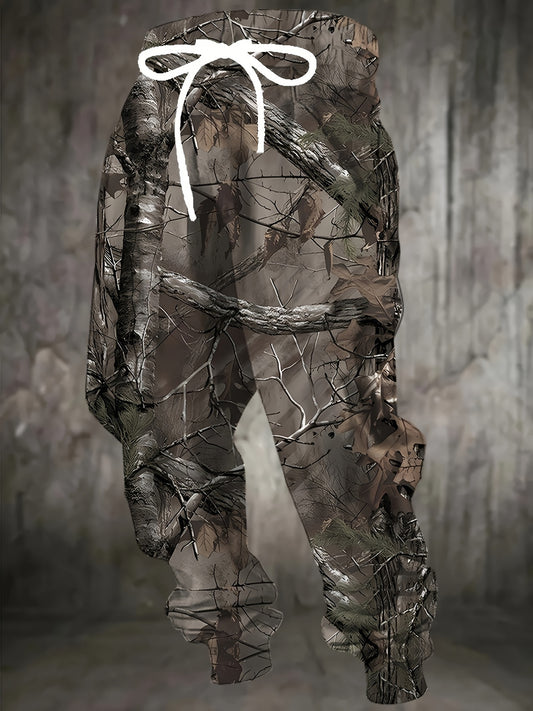[3D Camo Hunting Pants] Polyester Blend Men's 3D Camo Hunting Pants with Drawstring & Pockets | Stylish Jogger Sweatpants, All-Over Print, Casual Outdoor Wear for Hiking & Hunting