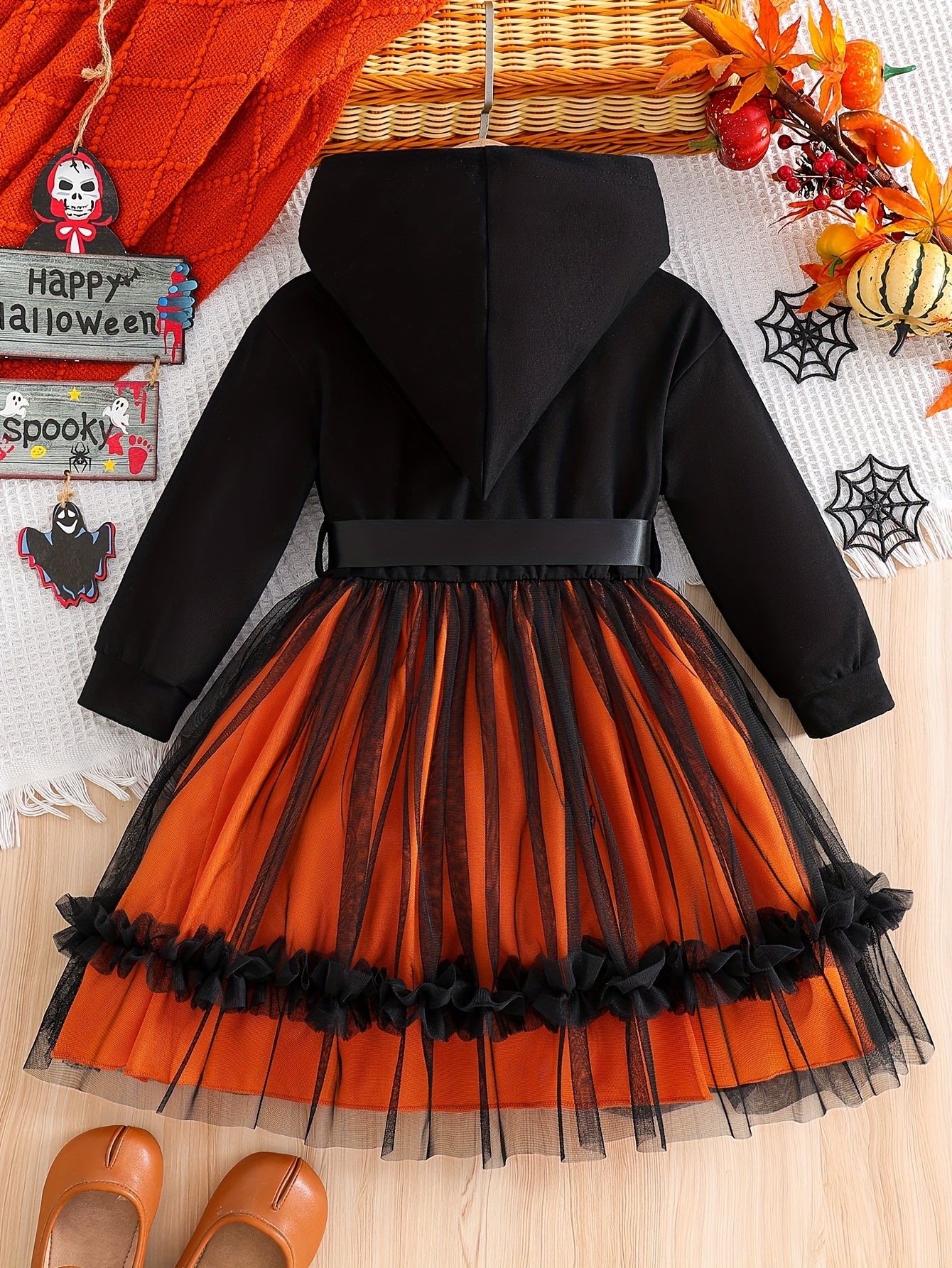 COVIVIKY Girls' Halloween Dress with Hooded Skull Design and Sheer Overlay in Orange