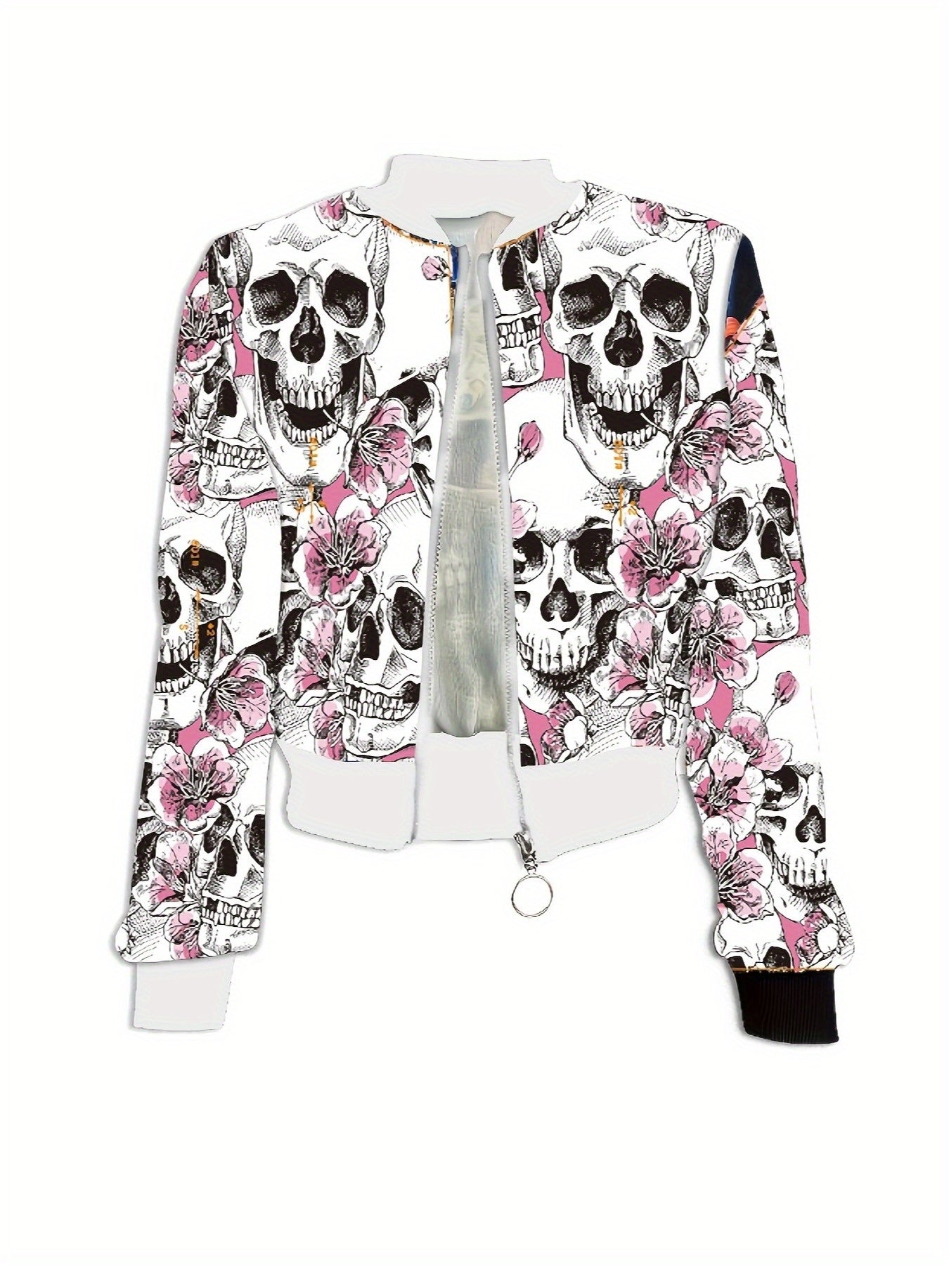 [Gothic Jacket] Women's Gothic Jacket - Black & Pink Skull Print Zipper Front Coat, Machine Washable Lightweight Outerwear for Halloween, Parties, Everyday Edgy Style - Non-Transparent Jacket, Halloween Clothes, Party Attire