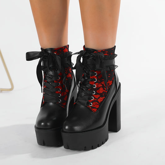 Women'S Gothic Lace Patchwork High Heel Ankle Boots, Vintage European Style, Zipper Closure, Round Toe, Chunky Platform, PU, Faux Sole, PU Lining, GDGYDH Brand, All-Season Wear