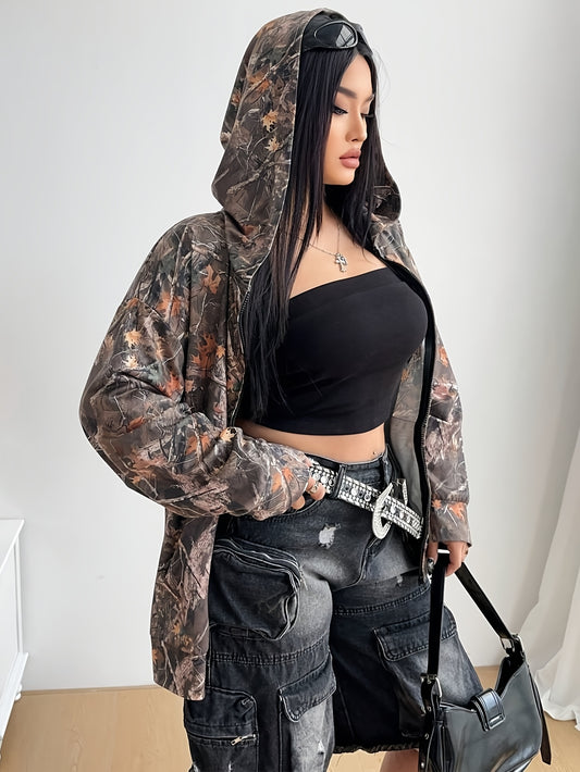 [Trendy Plus Size Hooded Jacket] Plus Size Women's Oversized Zip-Up Hooded Jacket | Brown/Black/Gray Camouflage Print, Front Zipper Closure, All-Season Outdoor & Streetwear Coat - Machine Washable, Versatile Layering, Comfort