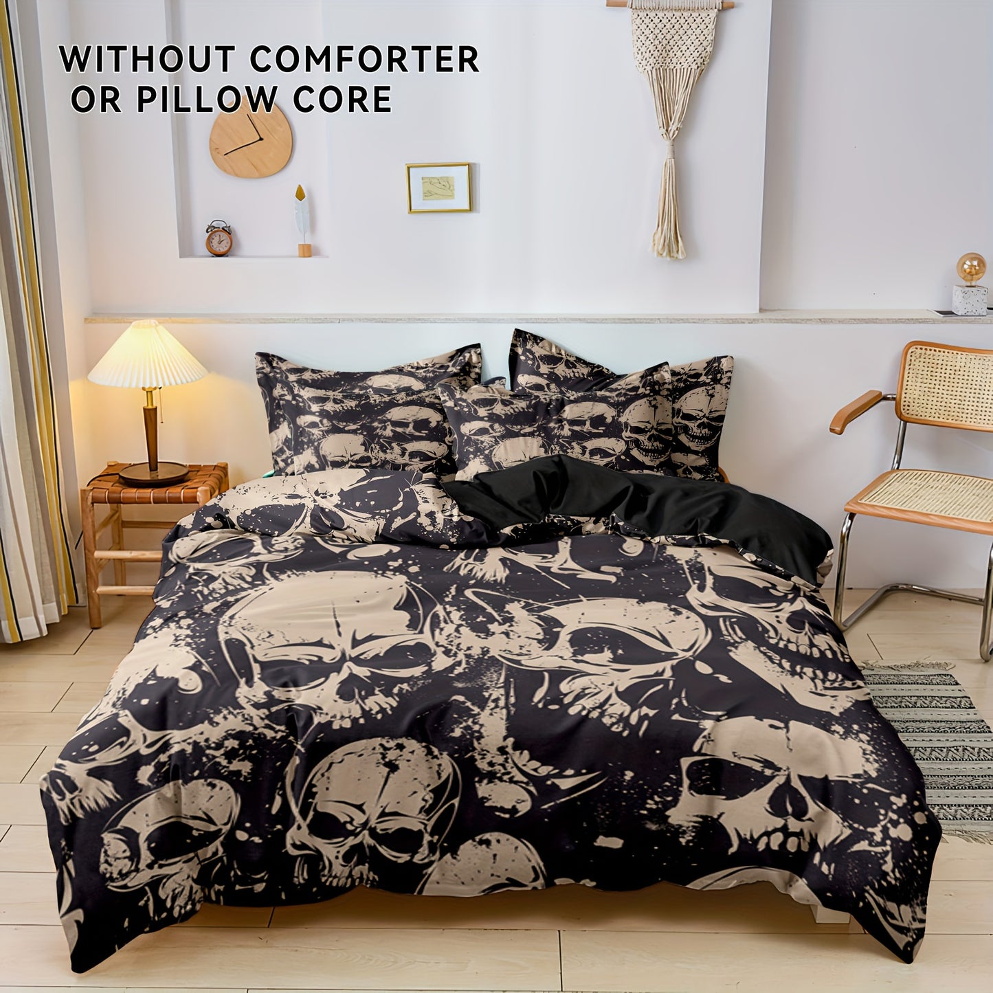 3-Piece Polyester Skull Print Bedding Set: Perfect for Bedroom or Guest Room. Soft and Comfortable with No Core Included (1x Duvet Cover + 2x Pillow Covers)