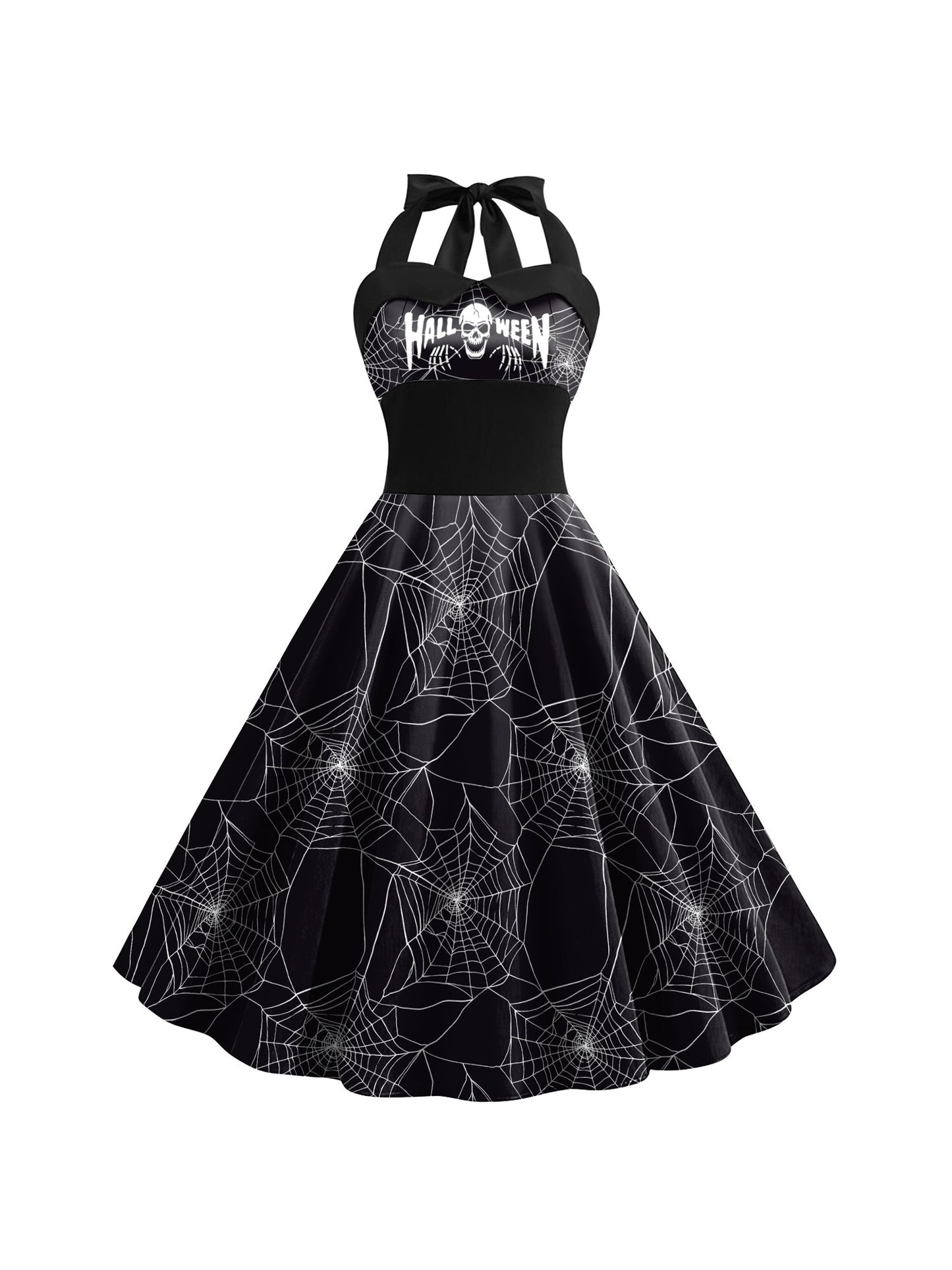 Women'S Retro Gothic Halloween Dress with Skull & Spider Web Print - Asymmetrical Short Sleeve High Waist Party Costume, & Orange Sleeveless Outfit with Shoulder Straps & Ruffled Hem for Themed Events, Year-Round Wear (Adult