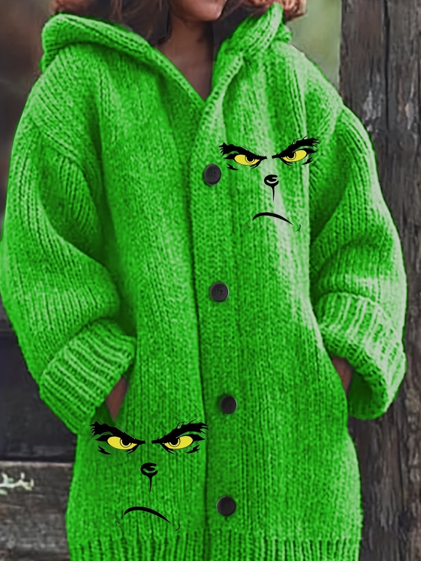 Women's Neon Green Hooded Sweater with Hat - Oversized Loose-Fit Long Sleeve Button-Front Cardigan, Vibrant Lime Green Winter Sweater for Casual & Halloween Outfits, Cozy Fall Winter Sweater for Layering, H-Line Silhouette, C