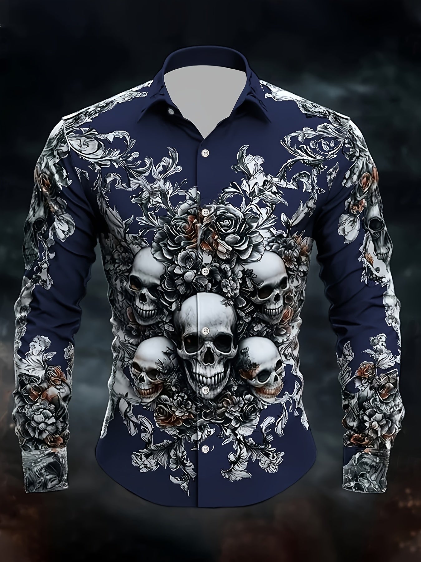Men's Gothic Skull & Bat Wing Print Long Sleeve Shirt - Dark Blue & Black Gothic Style with White Collar & Button Front Closure, Machine Washable Durable Fabric for Halloween, Themed Parties & Casual Attire - Adult Men's Form