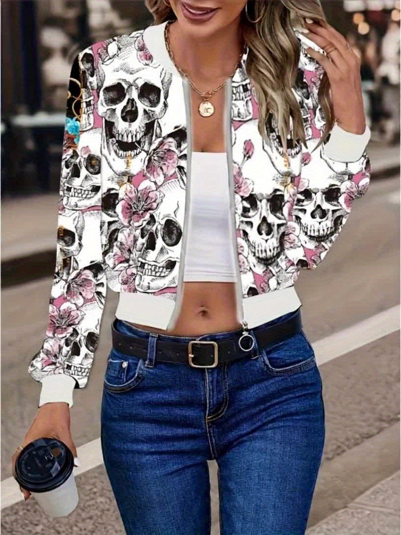 [Gothic Jacket] Women's Gothic Jacket - Black & Pink Skull Print Zipper Front Coat, Machine Washable Lightweight Outerwear for Halloween, Parties, Everyday Edgy Style - Non-Transparent Jacket, Halloween Clothes, Party Attire