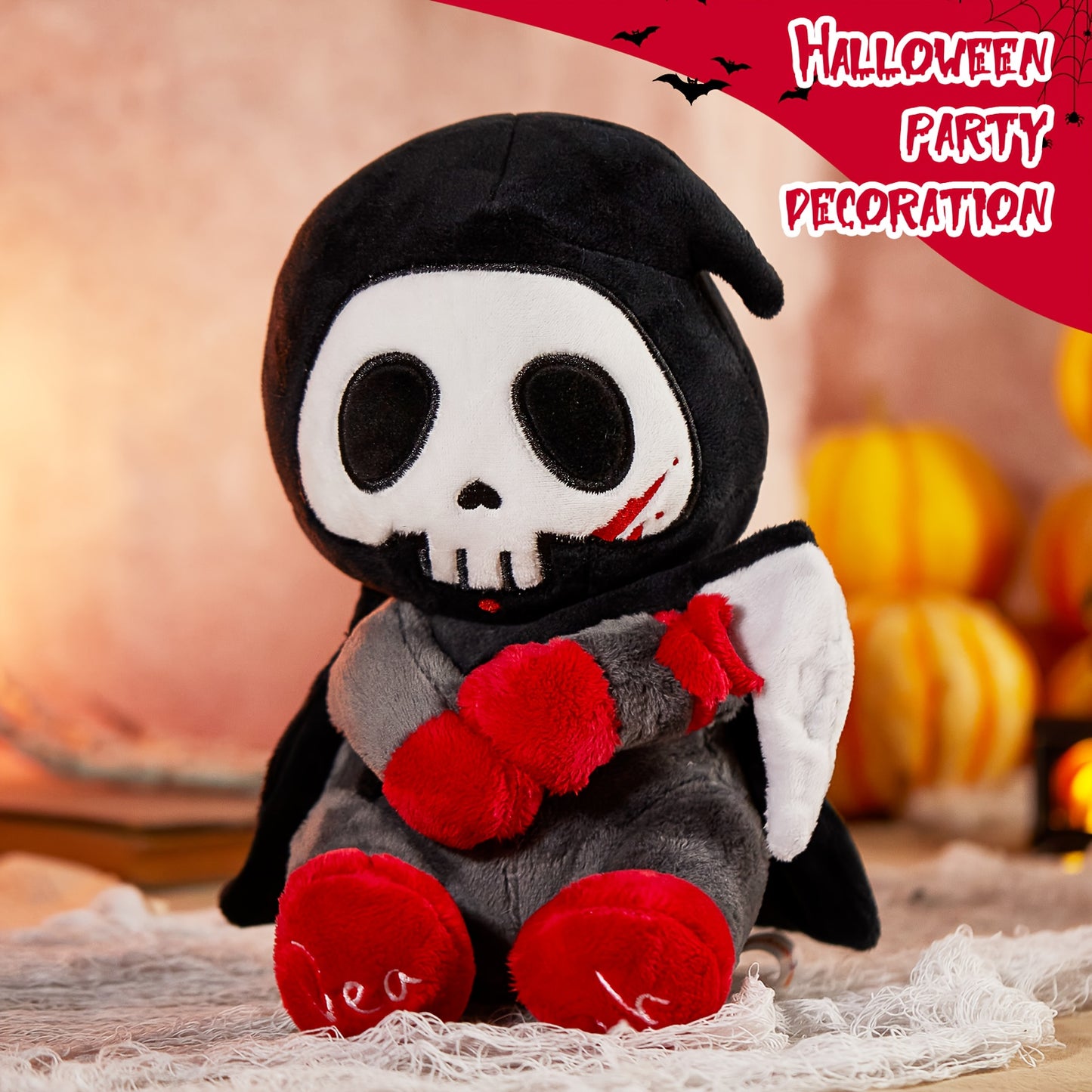 10" Otto Reaper Plush Toy, Halloween Skull Grim Reaper Stuffed Animal with Black Cape And Detachable Reaper Scythe, Funny Doll Skull Death Plushies Holiday Plush Toy Doll, Halloween Decor, Spooky Decor, Holiday Decoration, Go