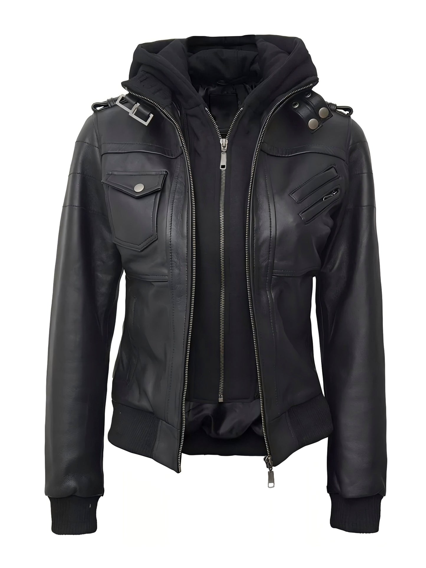 [Black Hooded Jacket] Casual Black Women's Hooded Jacket | Faux Two-Piece Design, Zippered Pockets & Adjustable Straps | for Spring/Fall Outfits, Motorcycle Style