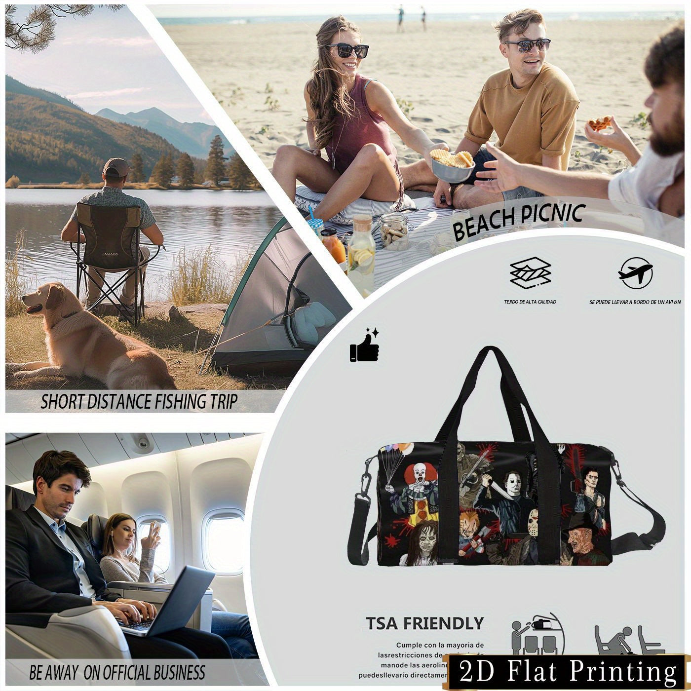Large Capacity Travel Organizer Bag - Durable, Easy-to-Carry Luggage with 2D Flat Print Design for Sports & Airline Check-in, Multi-Functional Hand Washable or Dry Cleanable Storage Pouch Featuring Horror Movie Characters, 2D