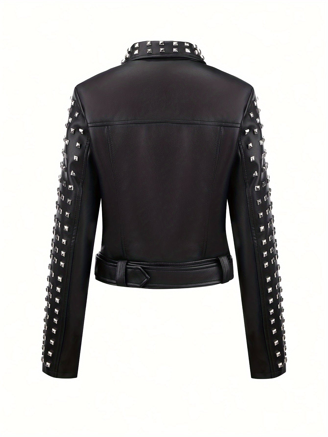 Women'S Simple Versatile Faux Leather Square Nail Style Motorcycle Jacket Coat with Belt, Faux Leather, Polyester 92.00%, Viscose 8.00%, Solid Color, Casual Biker Style, Woven, 60g/㎡ Lining Weight