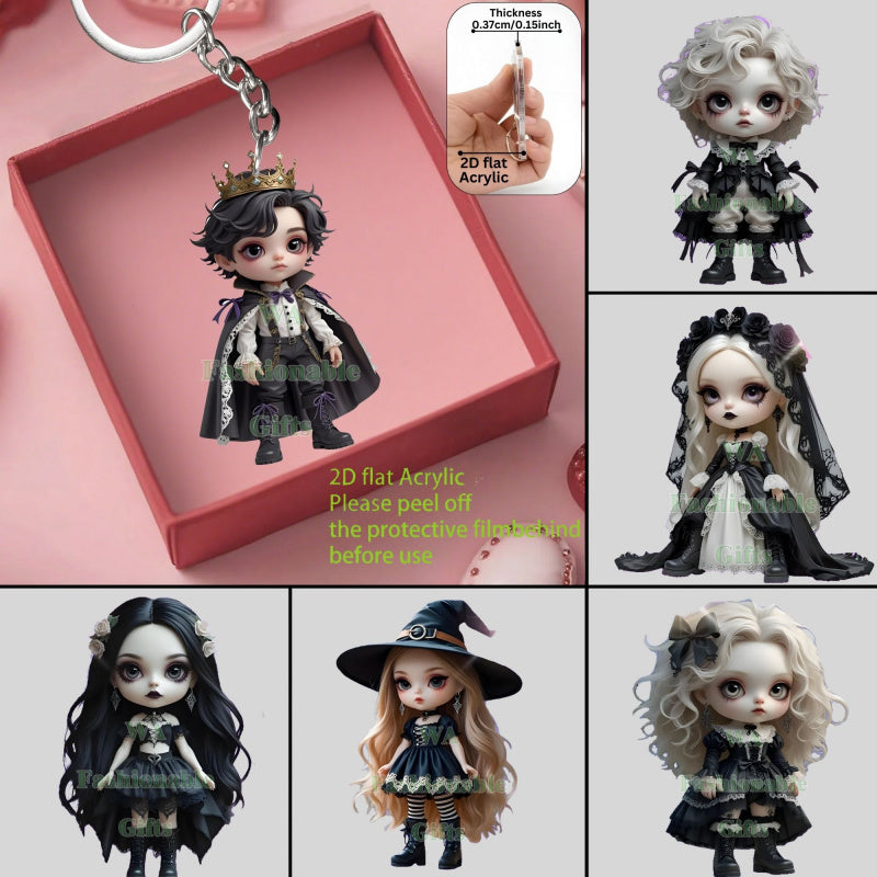 2D Flat, 1pc or 6pcs Gothic Horror Doll Keychain - Cute Gothic with Expressive Eyes, Flat 2D Flat Design with Black Hair & White Face Paint - Compatible with Backpacks, Cars, Phones, Keys - Spooky Accessory for Halloween, Chr