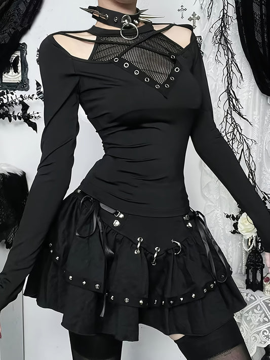 Plus Size, Plus Size Women's Gothic Mesh Panel Off-Shoulder Long Sleeve T-Shirt - Punk Rock Bodycon Top with Metal Ring & Chain-like Details, Stretchy Round Neck Shirt for Concerts, Halloween & Casual Attire (Hand Washable, A