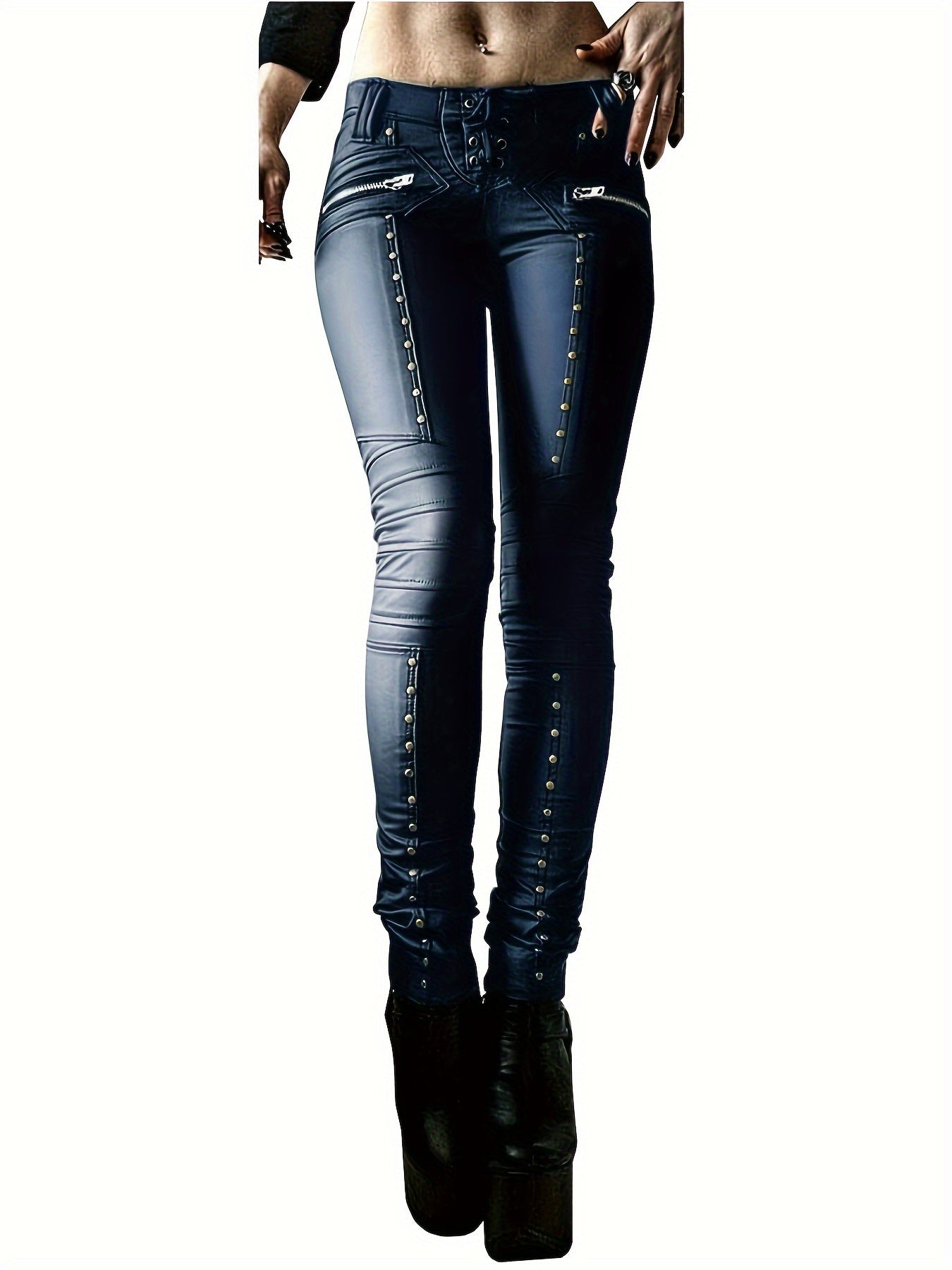 Women's Gothic Punk Skinny Leggings - High-Waisted PU Motorcycle Trousers with Lace-Up Details, Rock Club Style, Black, Stretchy & Comfortable Fit for Spring/Fall