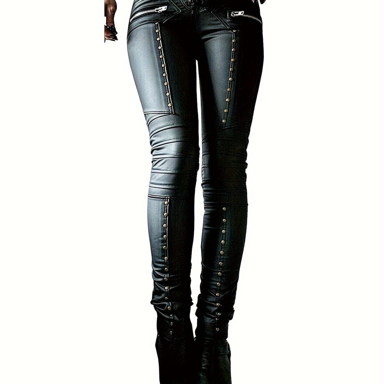 Women's Gothic Punk Skinny Leggings - High-Waisted PU Motorcycle Trousers with Lace-Up Details, Rock Club Style, Black, Stretchy & Comfortable Fit for Spring/Fall