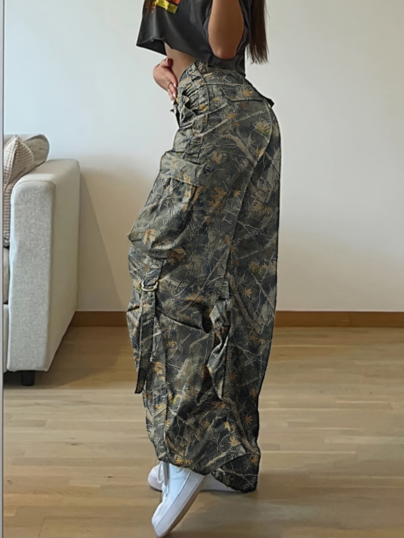 Women's Y2K Camouflage Cargo Pants - Wide-Leg Loose-Fit -Style Trousers with Multi-Pocket Design, Beltless Waist & Full-Body Camo Print (Green/Brown/Black/Beige) for,W Casual Wear - All-Season Trousers, Pants For Women, Women
