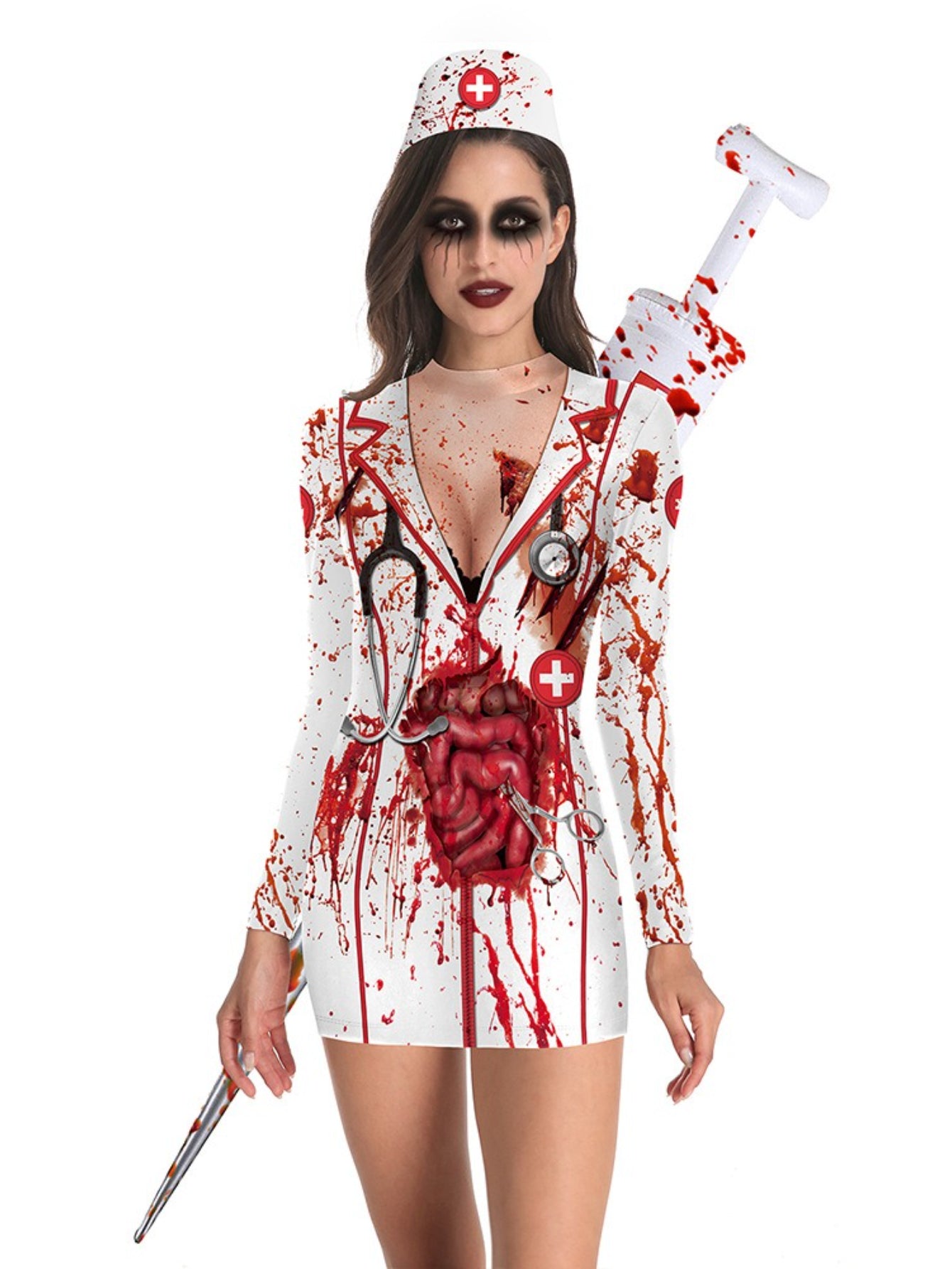 Women's Sexy Nurse Costume - Glow in The Dark Cross Uniform, Stretchy Bodycon Dress with White Cross & Red Print, Hand Washable Role Play Outfit for Halloween, Themed Parties & Cosplay (Adults)