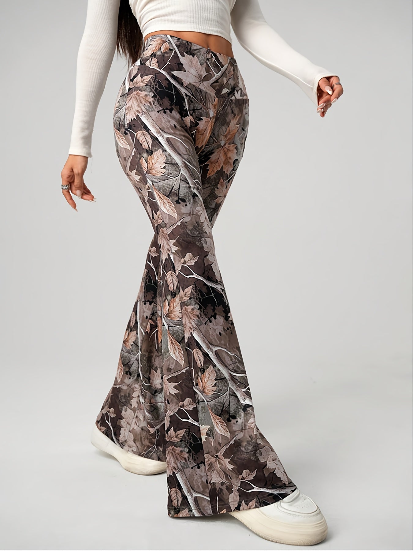 Women's High-Waisted Stretch Flared Pants - Y2K Camouflage Print with Autumn Leaves Design, All-Season Comfort & Machine Washable for Casual & Formal Outfits, Allseason Attire | Y2K Fashion | Chic Tailoring, Cute Pants