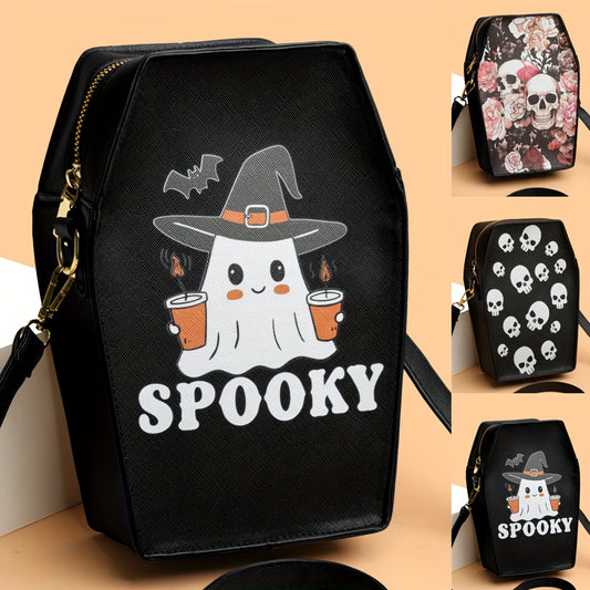 MINI Halloween Skeleton Coffin Women's Crossbody Bag, Thriller Horror Square Purse Black Punk Style Shoulder Handbag for Spooky Party Evening Event Cell Phone Pouch Lipstick Makeup Cosmetic Daily Street Shopping Movie Fan Gif