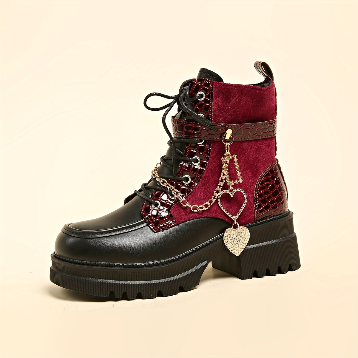 Women'S Chunky Platform Ankle Boots with Heart Metal Chain Accent - Red & Punk Style Zipper Closure, Thick Platform Heel, Synthetic Cover Upper & Rubber Sole
