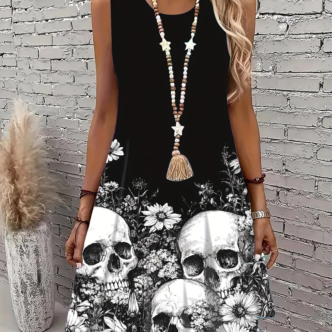 [Gothic Skull Dress] Gothic Skull Print Party Dress - Women's Sleeveless Halloween Costume, Lightweight Stretchy A-Line Skirt, Non-See-Through Fabric, Machine Washable Gothic Outfit (Plus Size Available) - Perfect for Hallowe