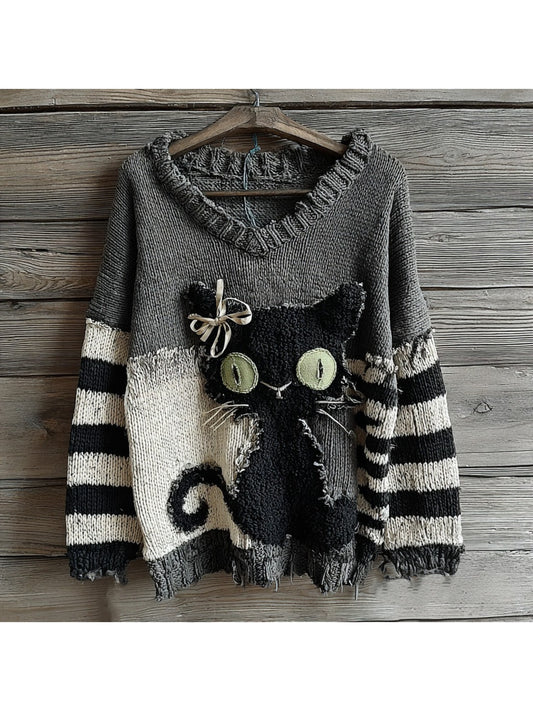 Plus Size - Women'S Thick Sweater Sweater - Oversized Loose Fit Round Neck Long Sleeve Winter Warm Sweater with Cat Ear & Paw Print Design, Cozy Casual Pullover Sweater for Fall Winter, Soft Anti- Fabric (Grey) - Easy Care Ha