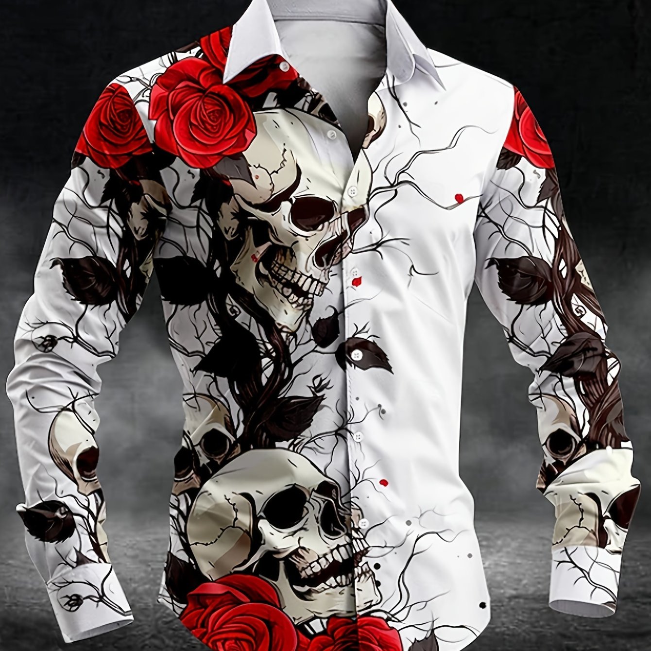 Men's Gothic 3D Printed Skull & Rose Shirt - Long Sleeve Button-Up Lapel Collar, Machine Washable All-Season Casual to Semi-Formal Wear, Black & Red Gothic Pattern with White Skulls & Red Roses, Dark Brown/Black Tones for Dai