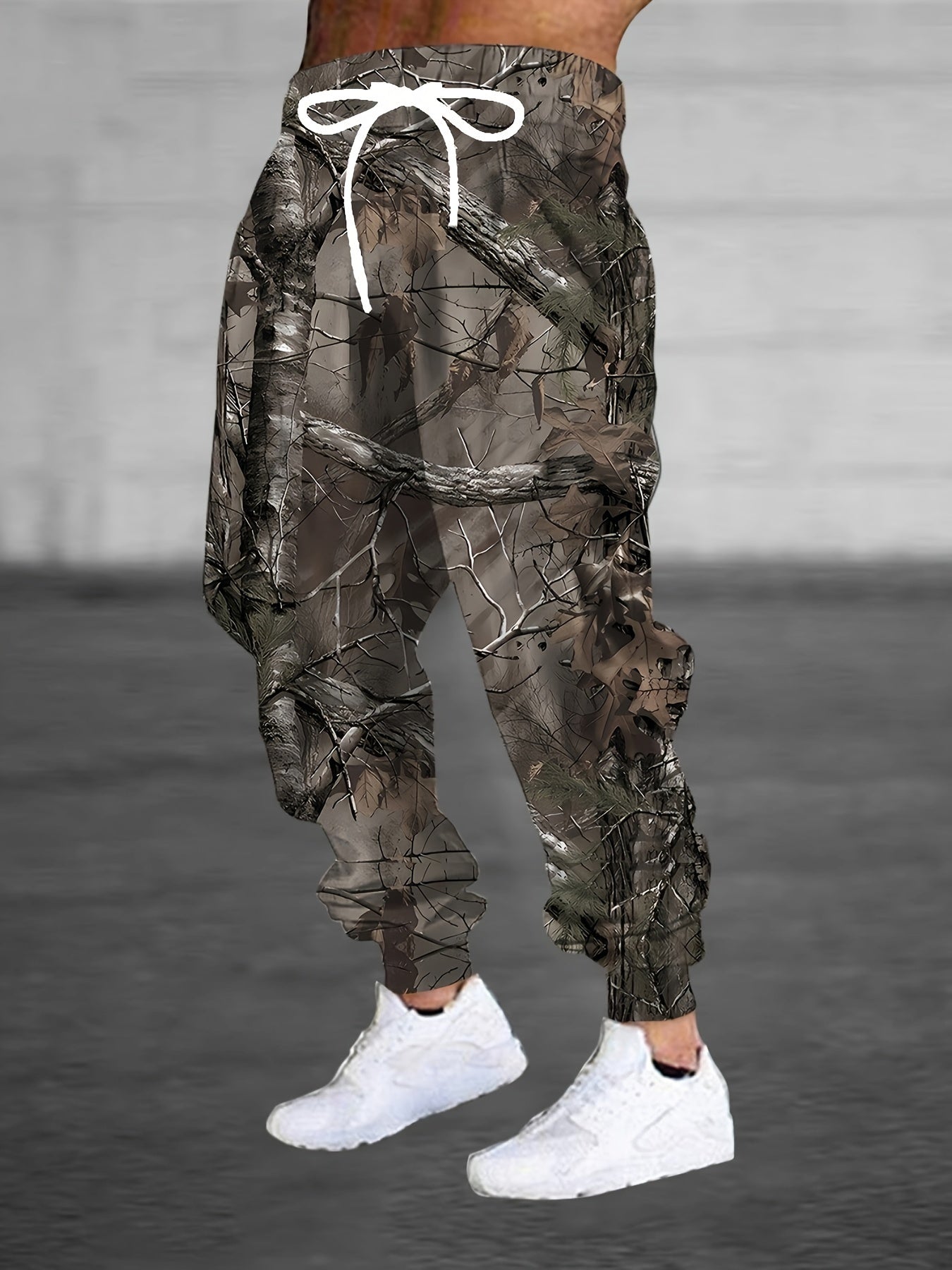 [3D Camo Hunting Pants] Polyester Blend Men's 3D Camo Hunting Pants with Drawstring & Pockets | Stylish Jogger Sweatpants, All-Over Print, Casual Outdoor Wear for Hiking & Hunting