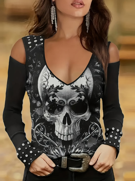 Women's Gothic Skull & Floral Print Long Sleeve T-Shirt - V-Neck Cold Shoulder Top with Lace Trim, Edgy Streetwear Casual Comfort Fit, Machine Washable All-Season Fashion Tee, Lace Trim Detail, Stretchy Material