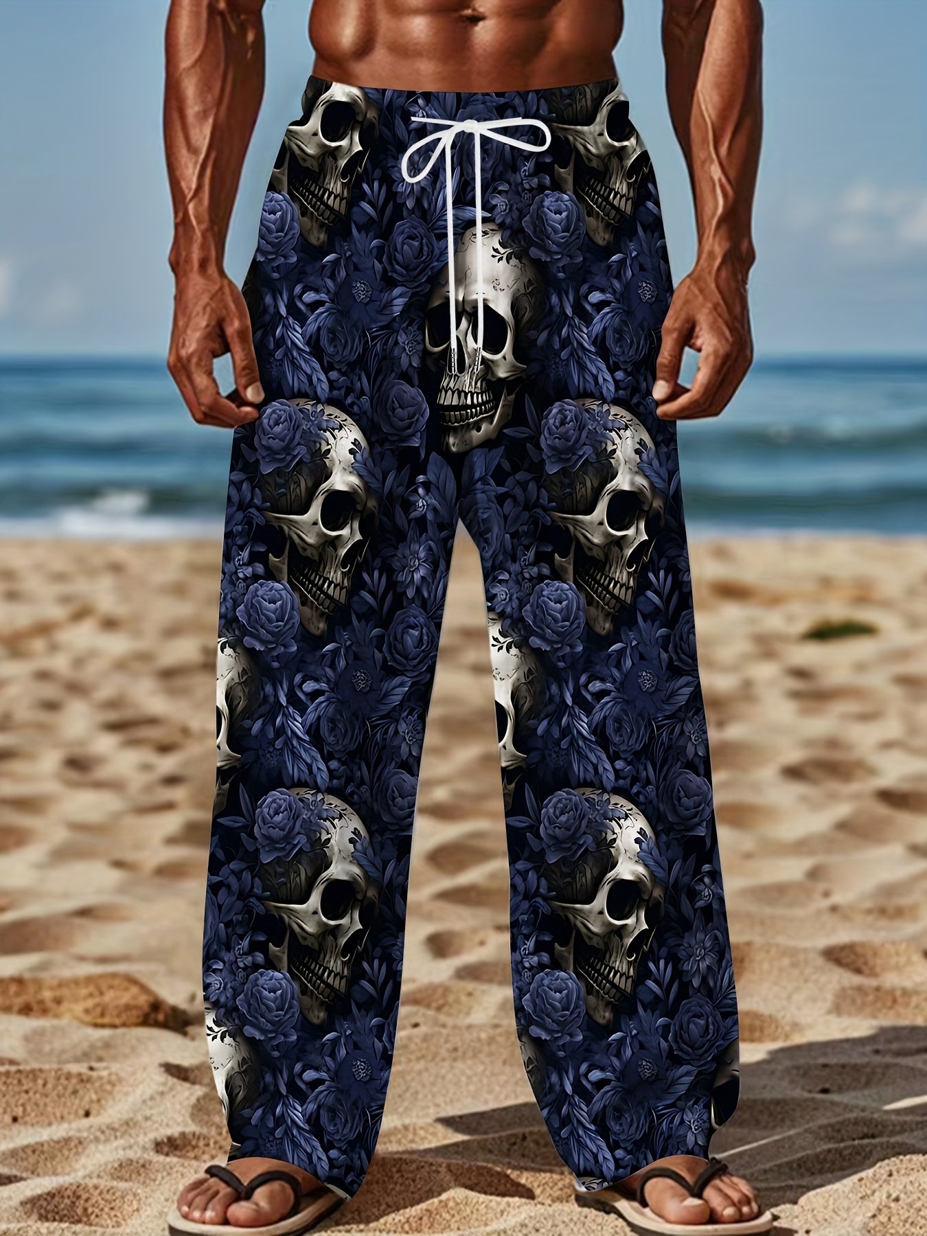 [Skull Print Joggers] Black Golden Skulls Men's Loose Fit Joggers | Comfortable Retro Style, Straight Leg, Drawstring Waist, Casual, Fall & Winter Comfort Wear