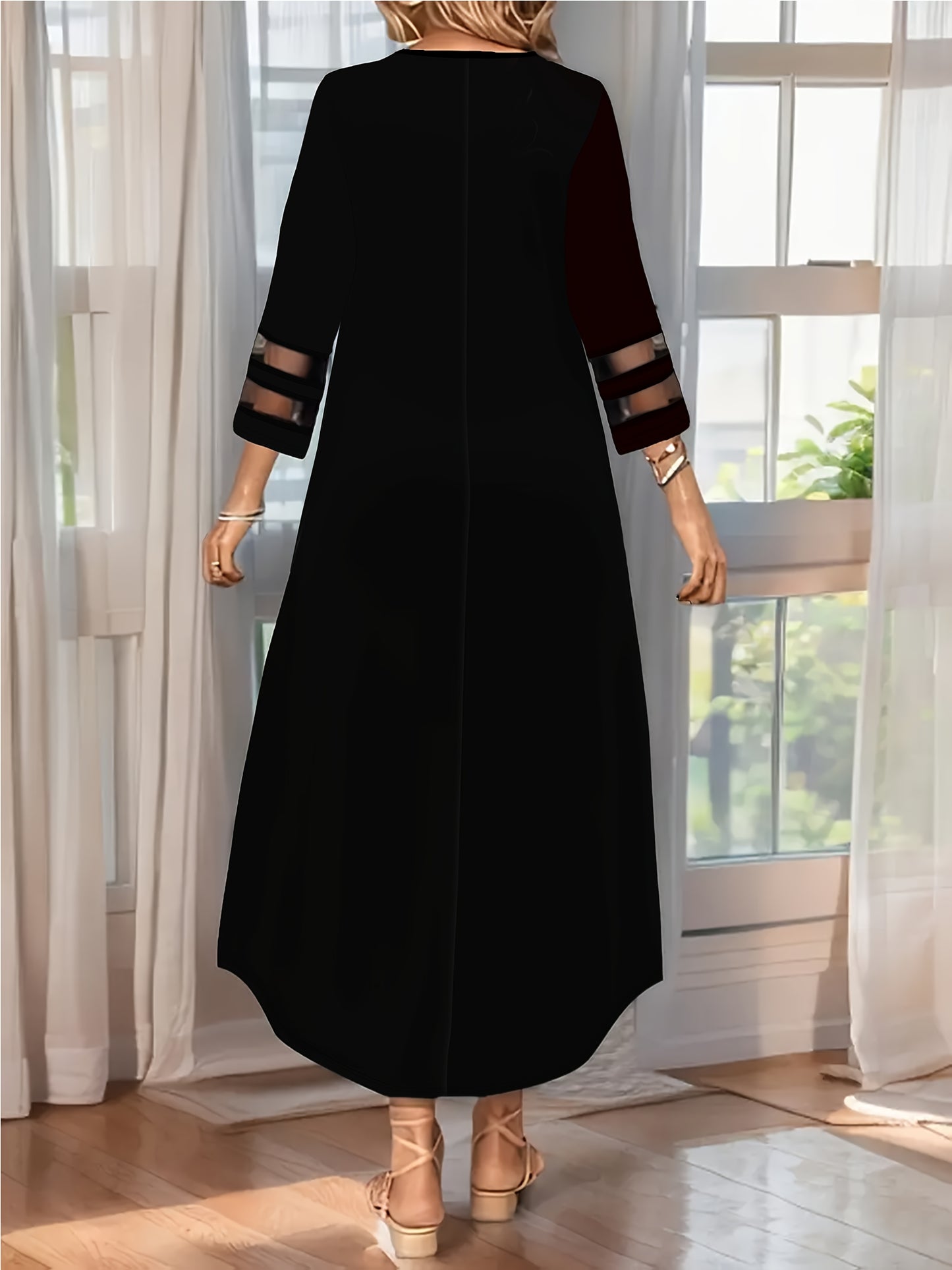 Plus Size, Women's Elegant Gothic Black Dress - ThreeQuarter Sleeve Party & Everyday Outfit - Machine Washable Formal Attire for Women, Ladies Formal Dresses, Unique Skull Print, Floral Design