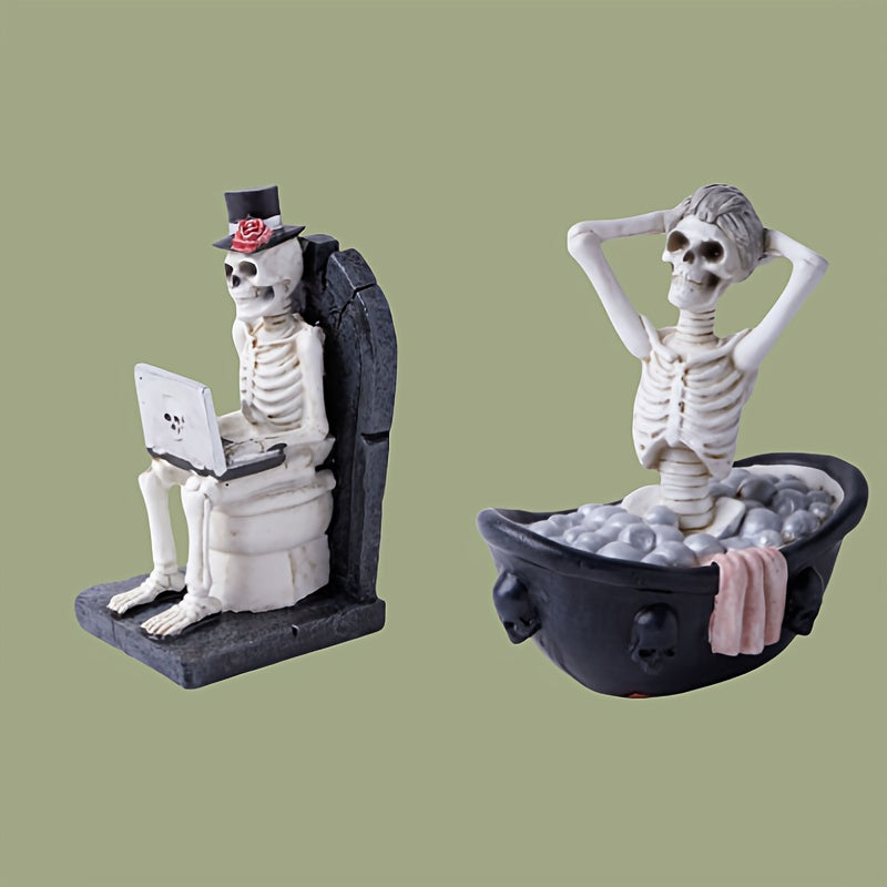 2pcs Gothic Resin Skull Girl & Skeleton Observer Figurines - Sitting & Standing Pose Decor with Black Dress, Glasses & Red Top Hat - Indoor/Outdoor Halloween, Christmas, Easter, Mummy's Tomb Party Decorations (Durable Resin O