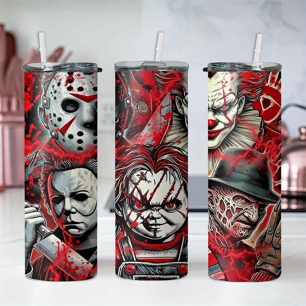 20oz Stainless Steel Tumbler with Horror Movie Characters, Insulated Travel Mug for Coffee, Beer, Drinks - Leakproof, Rust Resistant with Straw, Ideal for Halloween Party Gift - No Assembly Needed