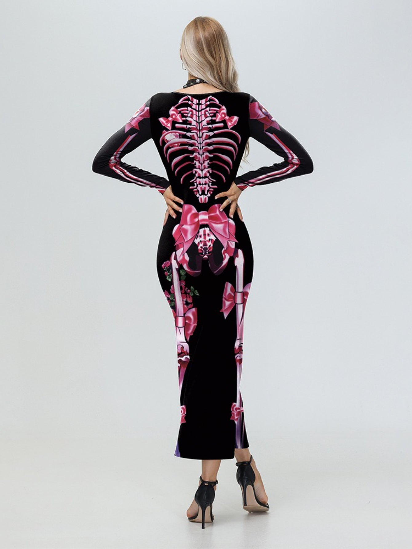 Women'S 2025 Halloween Skeleton Print Bodycon Dress - Sexy Gothic Long Sleeve Full-Body Skeleton & Rose Patterned Tight-Fit Elegant Dress with Round Neck, Spooky Theme Party Outfit for Costume Parties, Cosplay & Themed Events