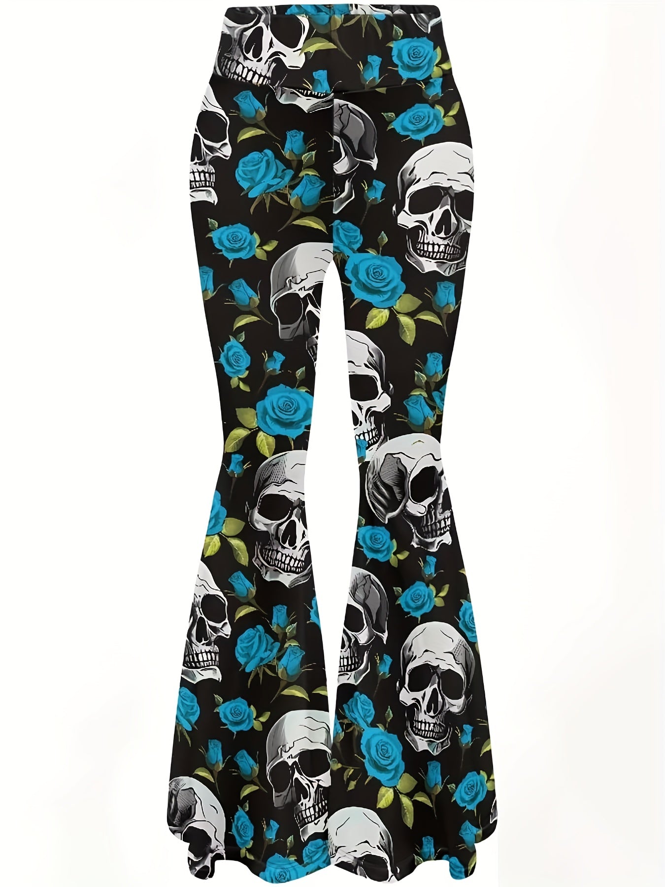 Women'S Gothic Punk Rock Pants - High-Waisted Flared Leggings with Skull & Floral Print, Stretchy Non-Slip Trousers for Concerts, Parties, Everyday - Edgy Gothic Outfit Essentials (All-Season Fit), Goth Leggings, Party Attire