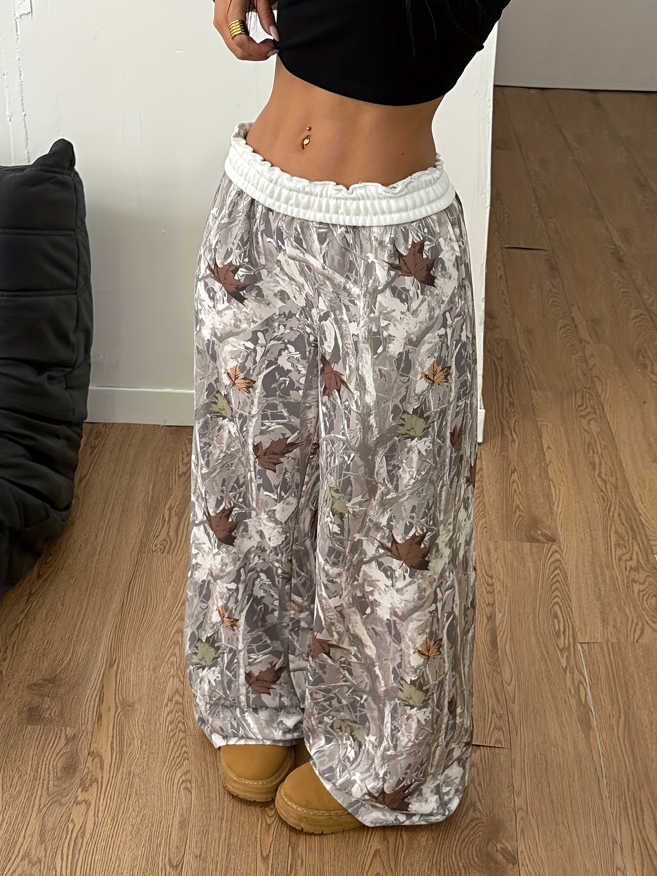 Women's Elegant Winter Pants - Brown/Beige/Tan Camouflage leaf & tree branch print with White Belt - Wide-Leg Trousers with Pockets - Machine Washable Formal & Everyday Pants for Fall/Winter - Brown/Beige/Tan Tones - Office,