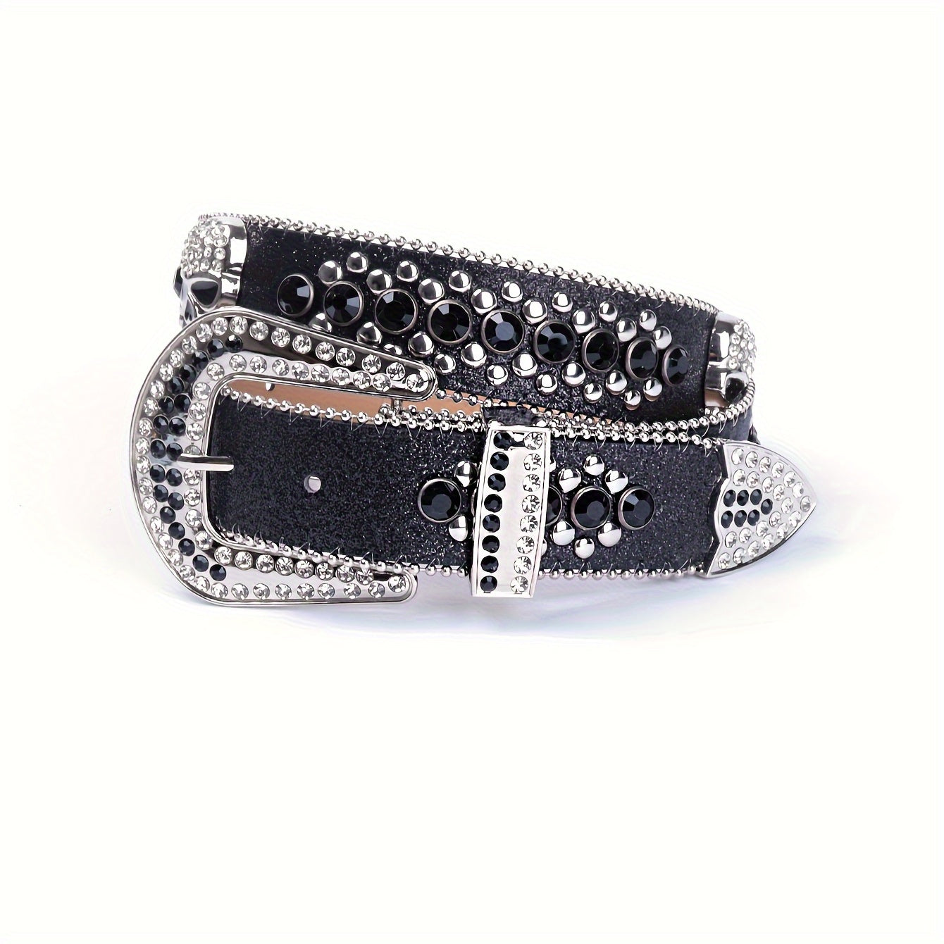 YIQIFEFA Punk Rhinestone & Stud Skull Belt for Women - Sparkling Black PU Western Cowboy Style Belt with Metallic Accents, Casual Outing to Party Accessory, Evening Accessory, Edgy Fashion Accessory, Stylish Craftsmanship, Al
