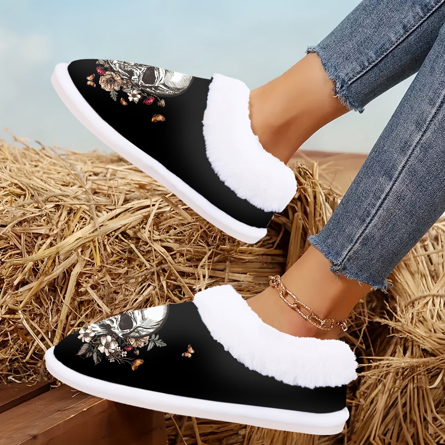 Women'S Gothic Halloween Slippers - Slip-On House Shoes with Non-Slip Rubber Sole, Soft Indoor/Outdoor Winter Footwear - Machine Washable & Skull Floral design for Halloween Party Decorations - Cozy Cold Weather Footwear Gift