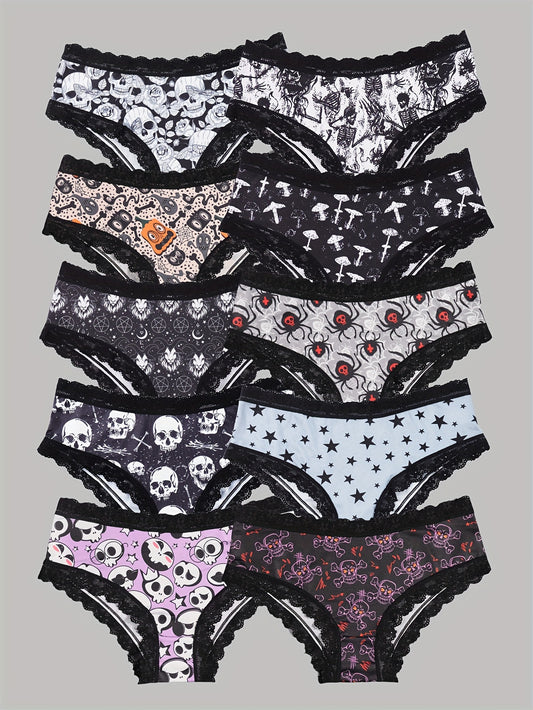 Sexy Cute Gothic Chic 10pcs Low-Rise Briefs - Contrast Lace, Allover Halloween Print, Comfortable Hipster Panties - Assorted Styles, Perfect Gift Idea for Special Occasions Or Daily Wear
