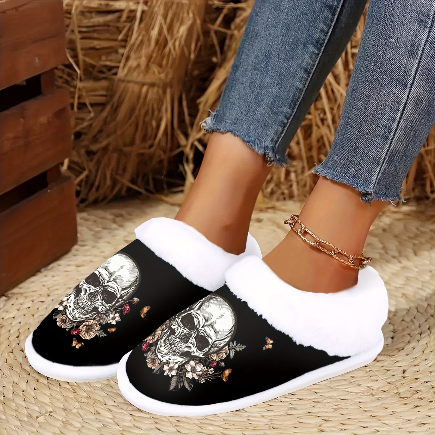 Women'S Gothic Halloween Slippers - Slip-On House Shoes with Non-Slip Rubber Sole, Soft Indoor/Outdoor Winter Footwear - Machine Washable & Skull Floral design for Halloween Party Decorations - Cozy Cold Weather Footwear Gift