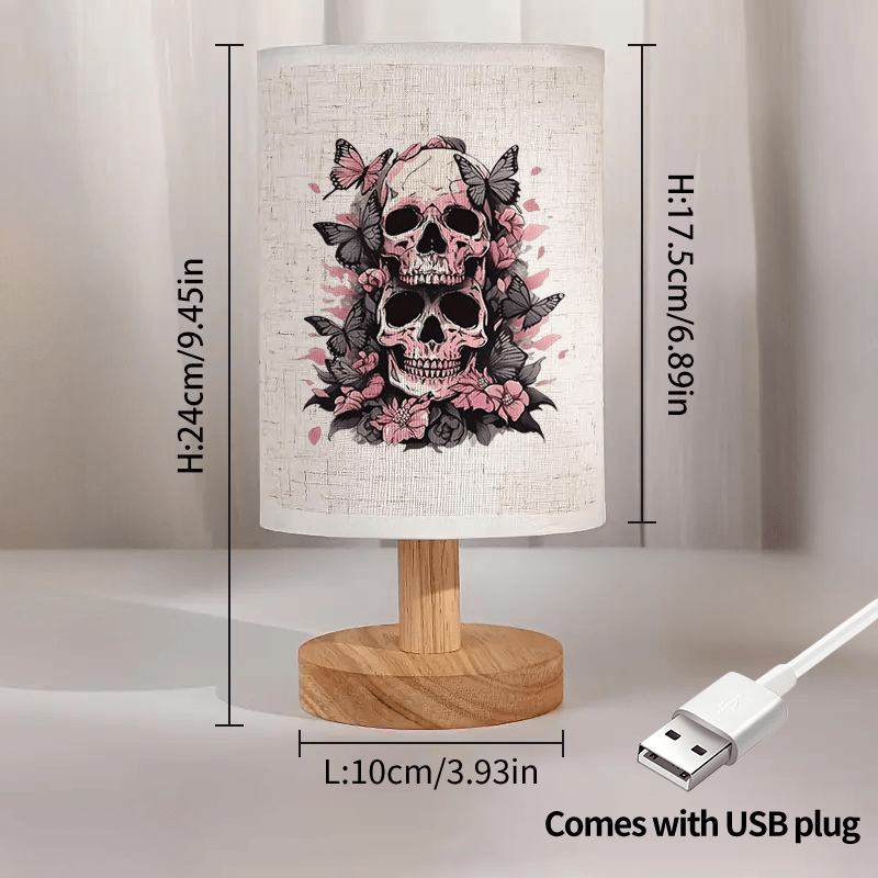 [Skull Table Lamp] Nordic Wooden Base Skull & Floral Print Table Lamp | LED Light, USB Powered, Push Button Control, Ideal for Bedroom, Office, or Home Decor, Gift Item