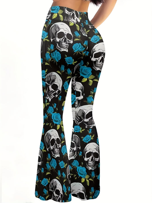 Women'S Gothic Punk Rock Pants - High-Waisted Flared Leggings with Skull & Floral Print, Stretchy Non-Slip Trousers for Concerts, Parties, Everyday - Edgy Gothic Outfit Essentials (All-Season Fit), Goth Leggings, Party Attire