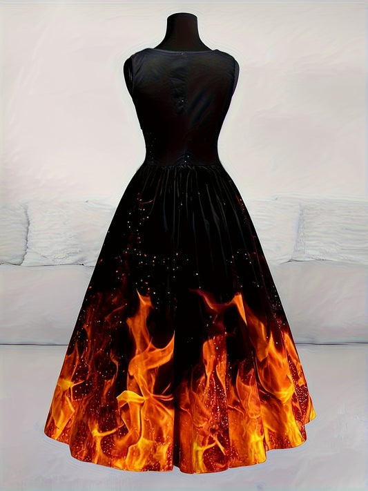 Women'S Halloween Party Dress - Flamingo-like Flame Print in Orange/Red/Black - Formal & Costume Events - Flared Skirt with Waist-Cinching - Retro Gothic Party Outfit for Halloween, Themed Parties - Easy-to-Wear Party Attire,
