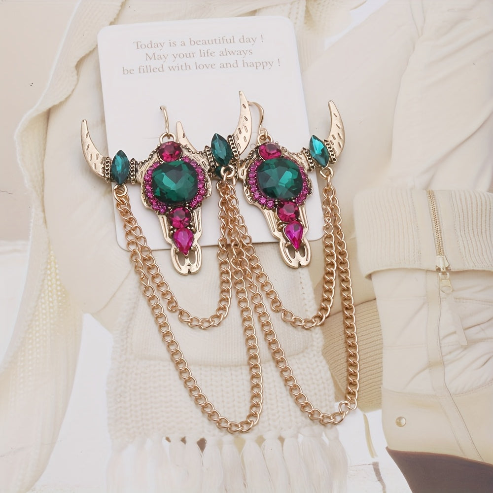 Gothic Western Vintage Tassel Rhinestone Bull Head Long Earrings for Women's Party Casual Fashion Jewelry