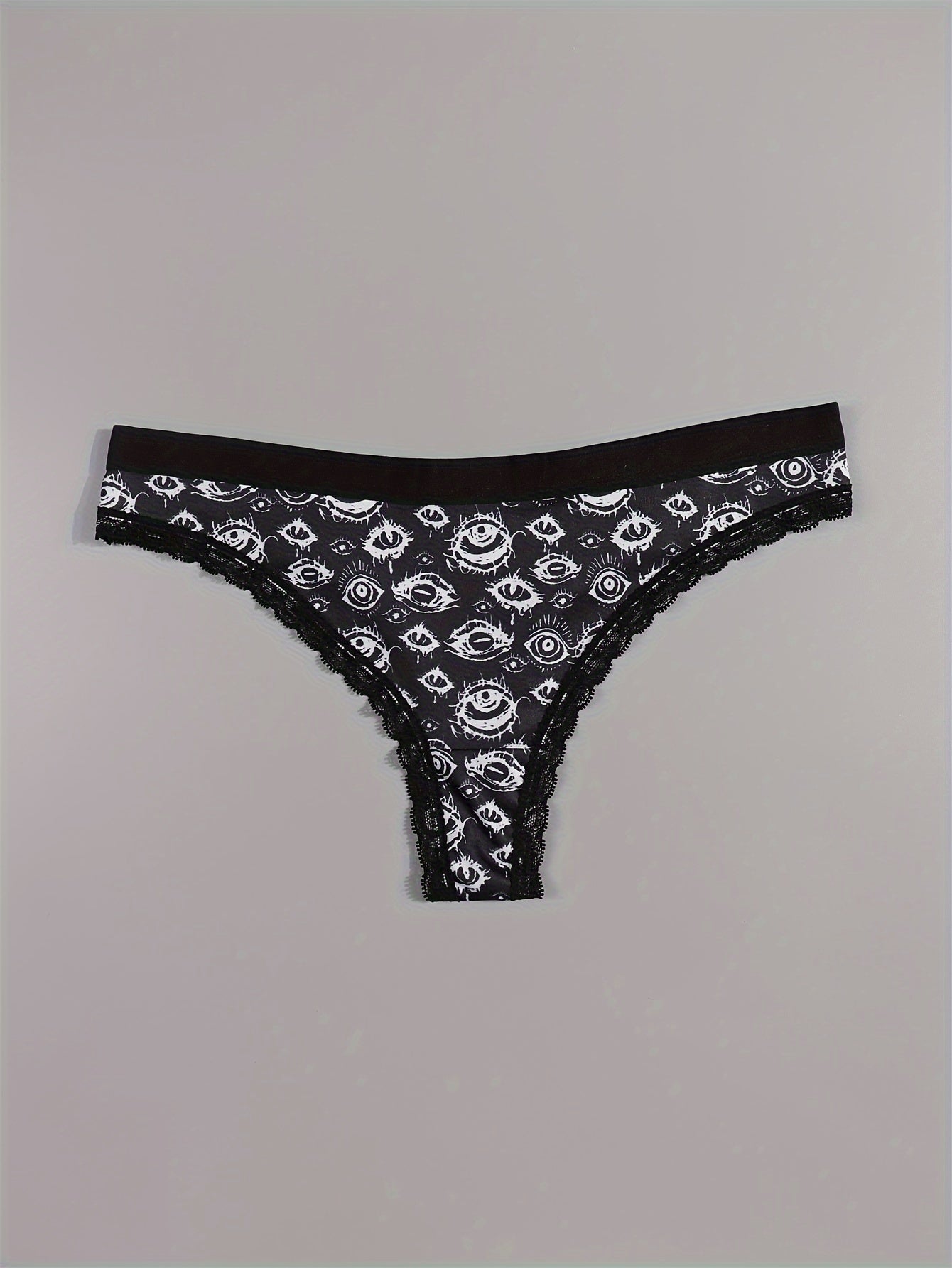 4pcs Gothic Lace Thong Panties - Black Skull & Eyeball Design with Mushrooms & Bats, Comfortable Silky Intimates for Women, Halloween-Themed Lingerie, MORVIA Brand, Halloween Lingerie | Skull Print Design | Silky Texture, Hal
