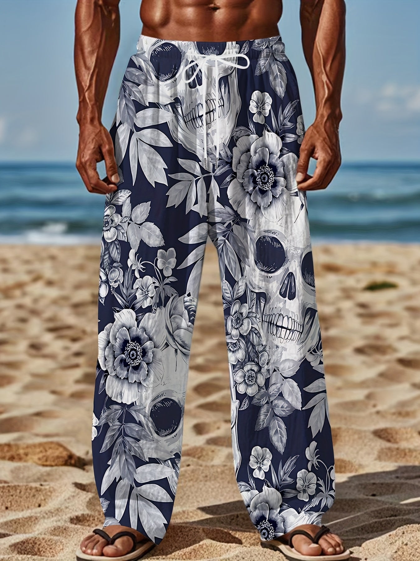 [Skull Print Joggers] Black Golden Skulls Men's Loose Fit Joggers | Comfortable Retro Style, Straight Leg, Drawstring Waist, Casual, Fall & Winter Comfort Wear