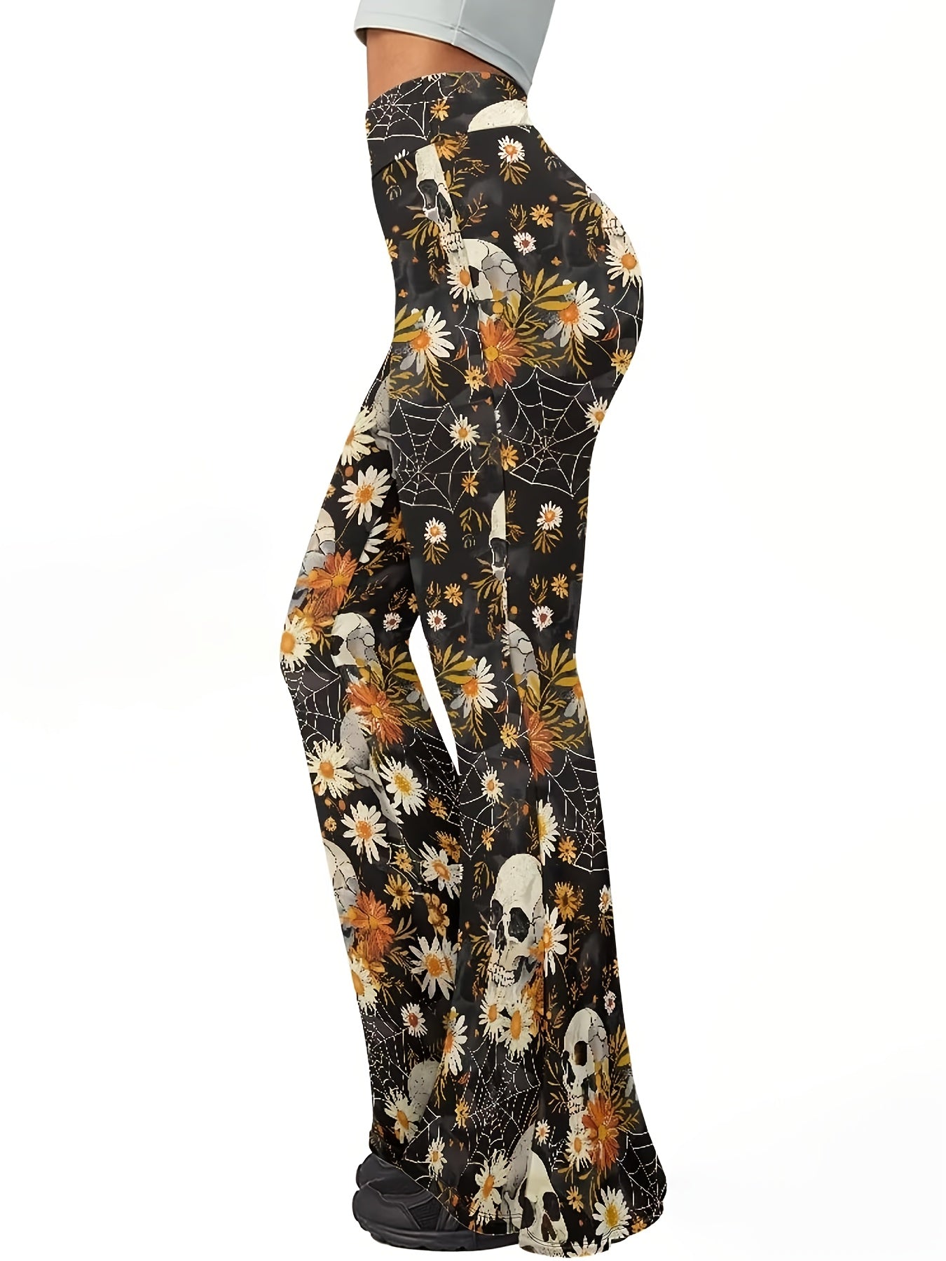 Women'S Gothic Floral pants - High-Waisted Stretchy Flare Leg Pants with Bell Bottoms, Black/Orange/White Floral Print - Edgy Y2K Outfit for Concerts, Parties, Casual Attire - All-Season Stretch Jeans, Party Attire, Comfortab