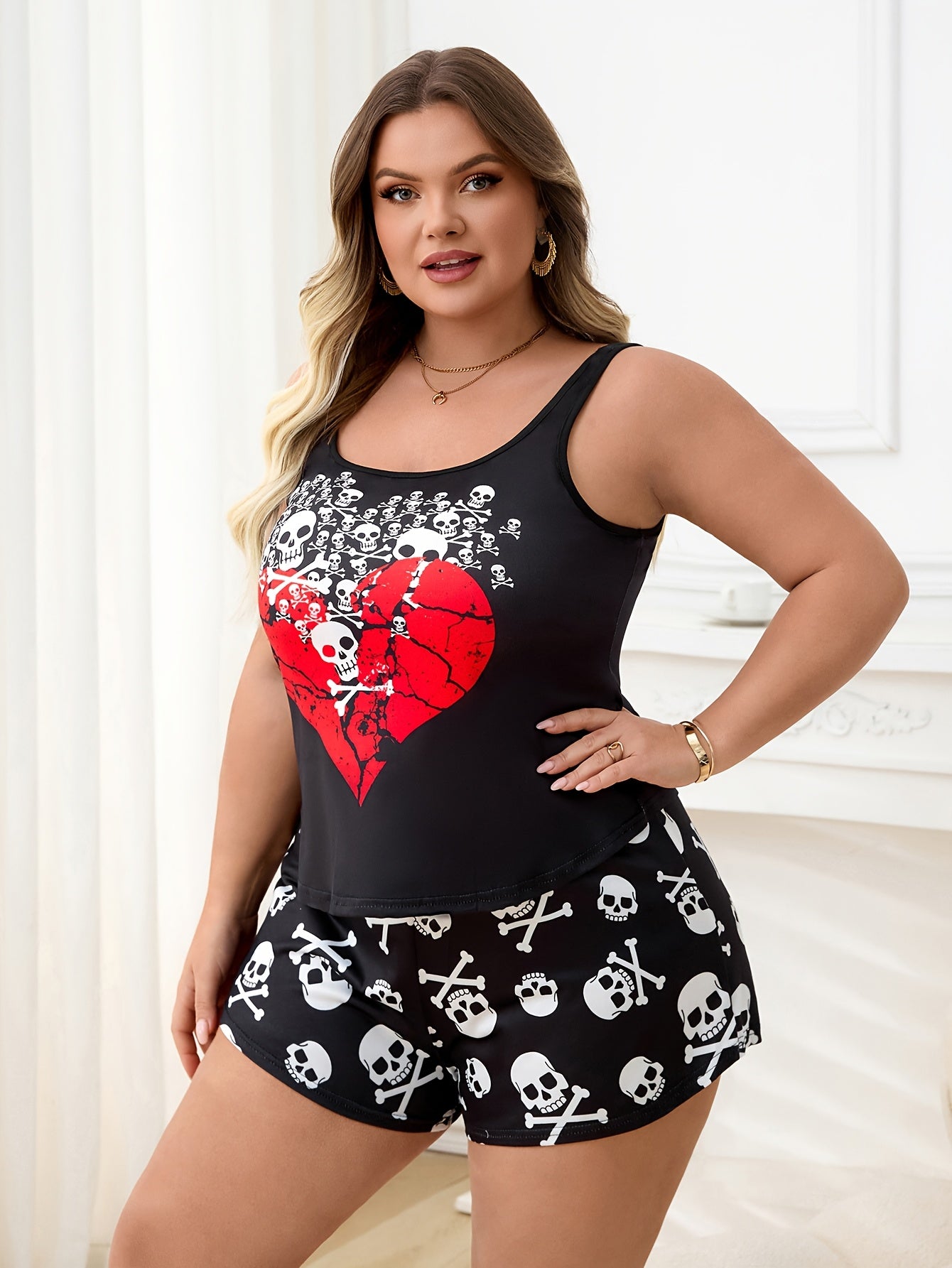 Women'S Plus Size Skull Print Tank Top & Shorts Set - Black with Red Heart Design, Casual Pajama Outfit, Medium Stretch Fabric, Perfect for Halloween or Casual Attire, Halloween Pajamas|Playful Print|Stretchy Fabric