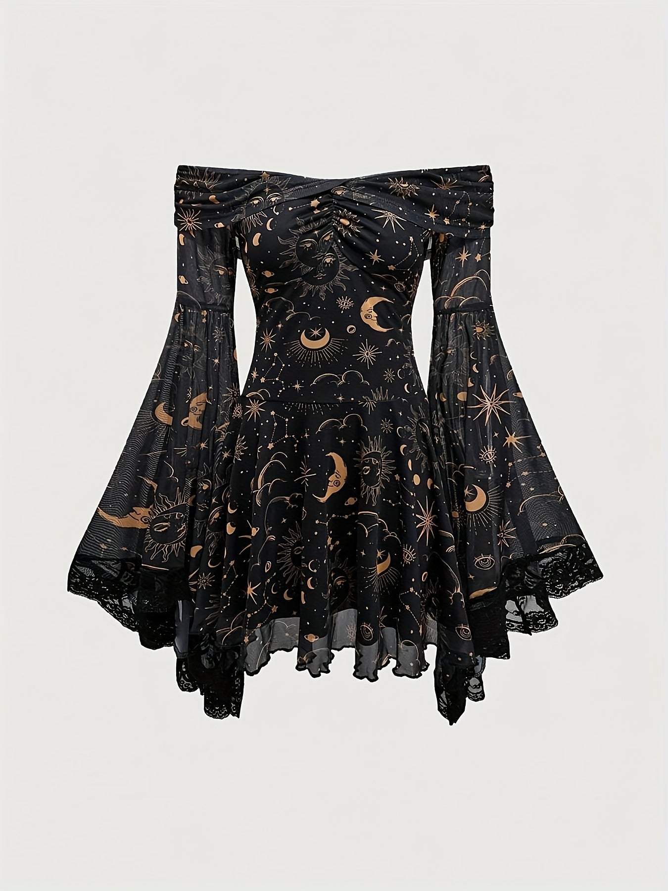 Plus Size Women's Elegant Off-Shoulder Dress with Sheer Lace Sleeves & Starry Night Print - A-Line Mid-Length Summer Dress, Machine Washable, Formal Evening Wear, Semitransparent Material, Stretchy Fabric Gown