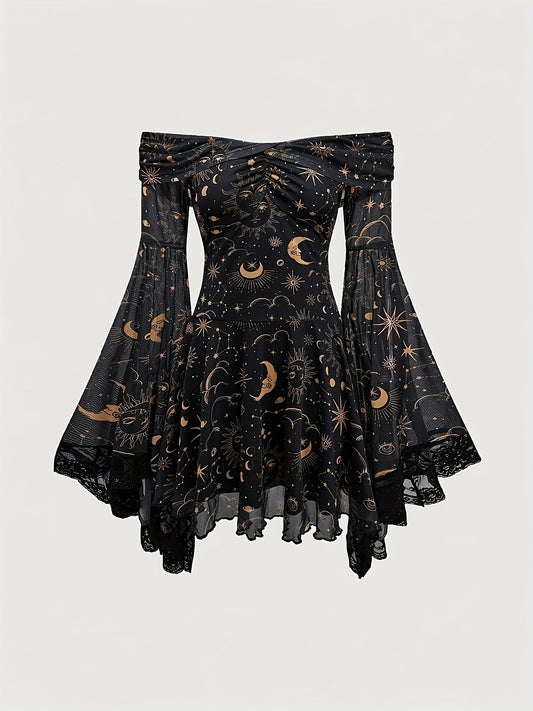 Plus Size Women's Elegant Off-Shoulder Dress with Sheer Lace Sleeves & Starry Night Print - A-Line Mid-Length Summer Dress, Machine Washable, Formal Evening Wear, Semitransparent Material, Stretchy Fabric Gown